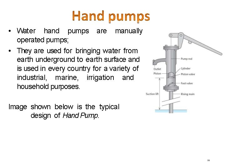  • Water hand pumps are manually operated pumps; • They are used for