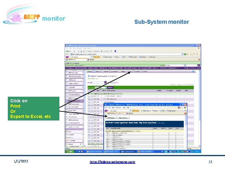 monitor Sub-System monitor Click on Print Or Export to Excel, etc 1/1/2022 http: //adepp.