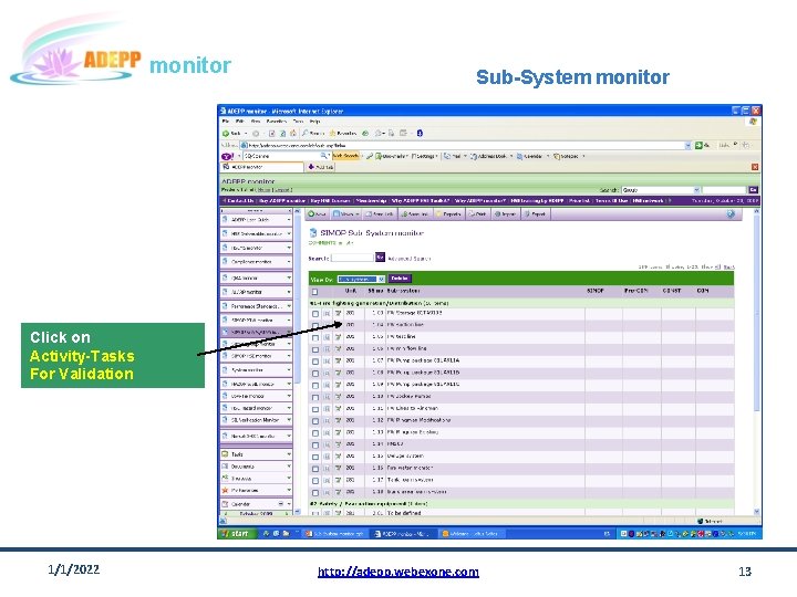 monitor Sub-System monitor Click on Activity-Tasks For Validation 1/1/2022 http: //adepp. webexone. com 13