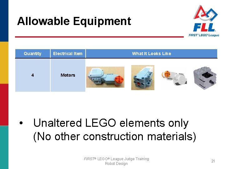 Allowable Equipment Quantity Electrical Item 4 Motors What It Looks Like • Unaltered LEGO