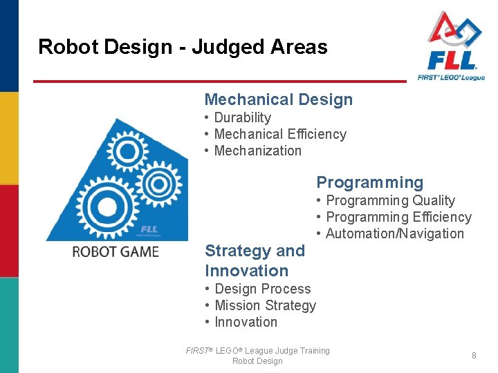 Robot Design - Judged Areas Mechanical Design • Durability • Mechanical Efficiency • Mechanization