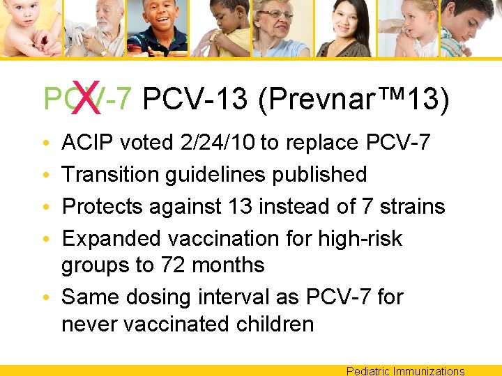 PCV-7 X PCV-13 (Prevnar™ 13) ACIP voted 2/24/10 to replace PCV-7 Transition guidelines published