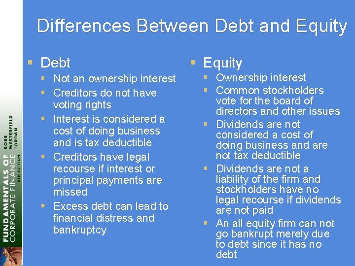 Differences Between Debt and Equity § Debt § Not an ownership interest § Creditors