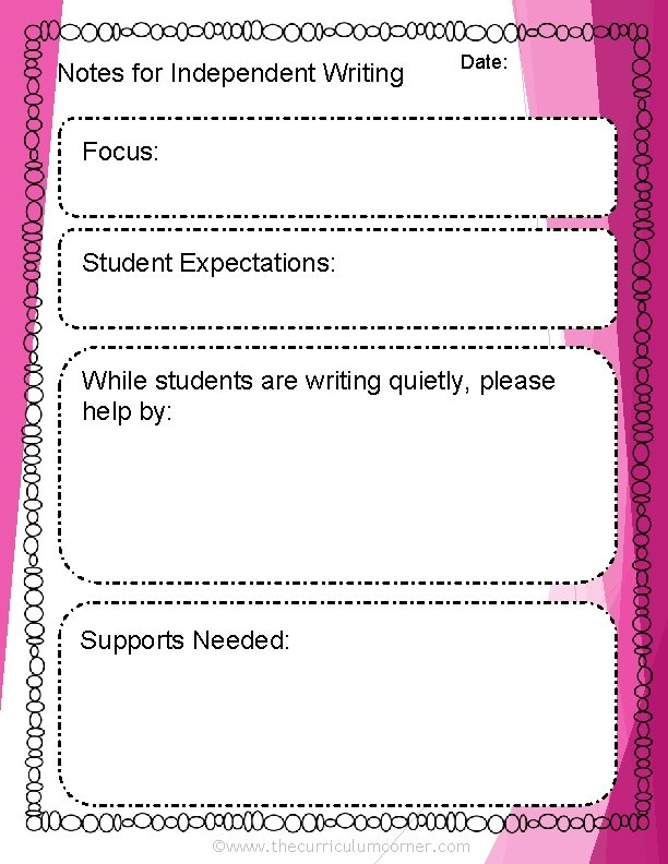 Notes for Independent Writing Date: Focus: Student Expectations: While students are writing quietly, please