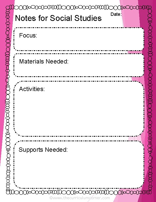 Notes for Social Studies Focus: Materials Needed: Activities: Supports Needed: ©www. thecurriculumcorner. com Date: