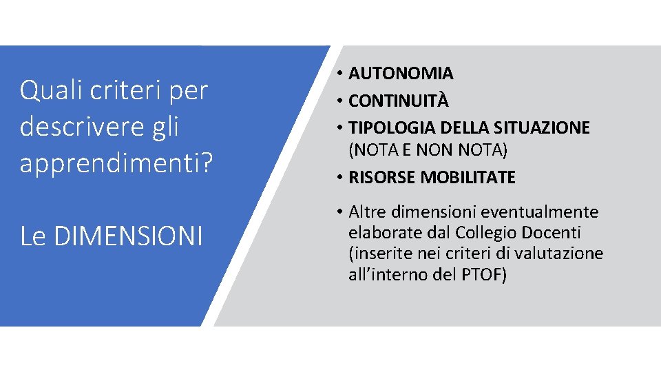 Quali criteri per descrivere gli apprendimenti? • AUTONOMIA • CONTINUITÀ • TIPOLOGIA DELLA SITUAZIONE