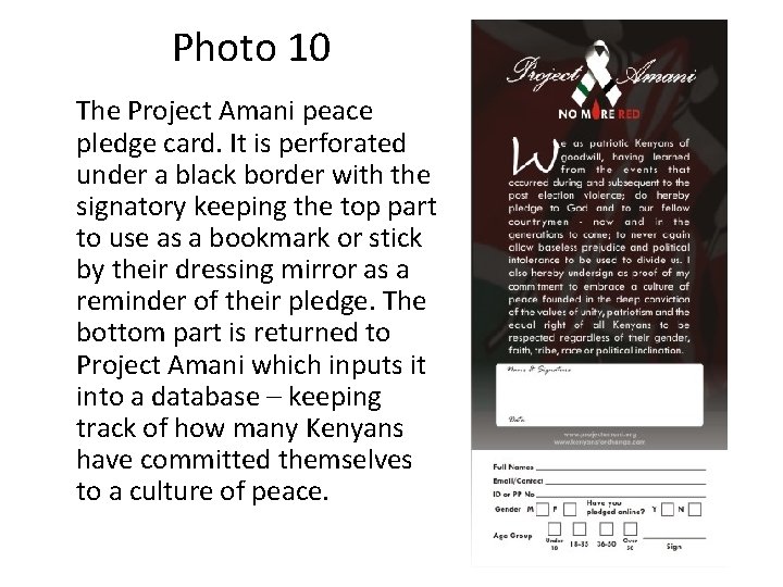 Photo 10 The Project Amani peace pledge card. It is perforated under a black