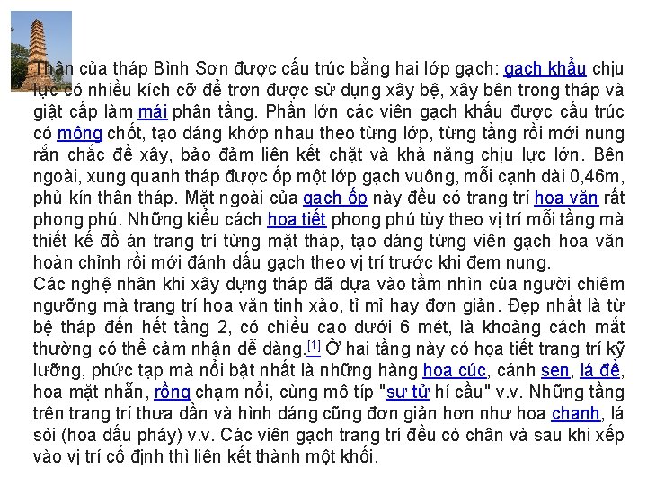 Thân của tháp Bình Sơn được cấu trúc bằng hai lớp gạch: gạch khẩu