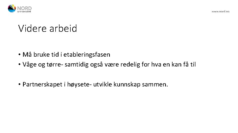 Videre arbeid • Må bruke tid i etableringsfasen • Våge og tørre- samtidig også