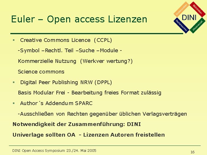 Euler – Open access Lizenzen § Creative Commons Licence (CCPL) -Symbol –Rechtl. Teil –Suche
