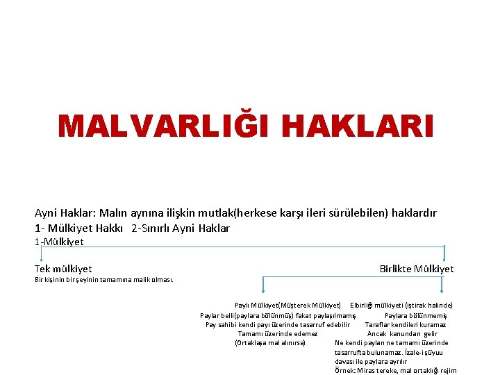 MALVARLIĞI HAKLARI Ayni Haklar: Malın aynına ilişkin mutlak(herkese karşı ileri sürülebilen) haklardır 1 -