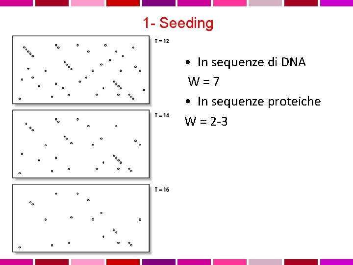 1 - Seeding • In sequenze di DNA W=7 • In sequenze proteiche W