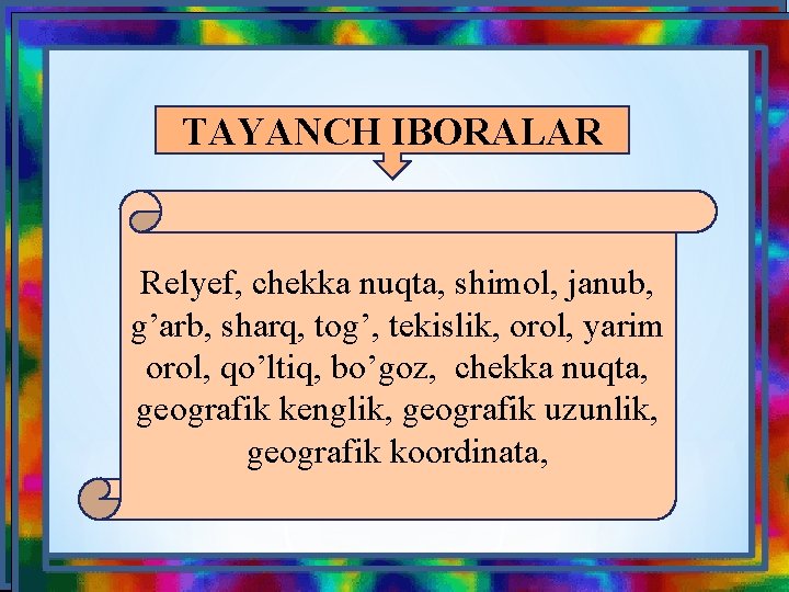 TAYANCH IBORALAR Relyef, chekka nuqta, shimol, janub, g’arb, sharq, tog’, tekislik, orol, yarim orol,