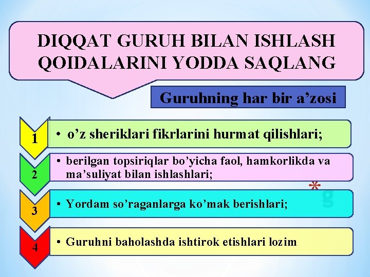 DIQQAT GURUH BILAN ISHLASH QOIDALARINI YODDA SAQLANG Guruhning har bir a’zosi 1 • o’z