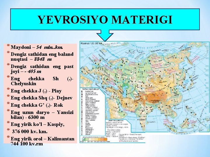 YEVROSIYO MATERIGI * Мaydoni – 54 mln. . km. * Dengiz sathidan eng baland