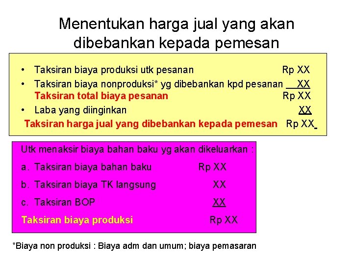 Menentukan harga jual yang akan dibebankan kepada pemesan • Taksiran biaya produksi utk pesanan