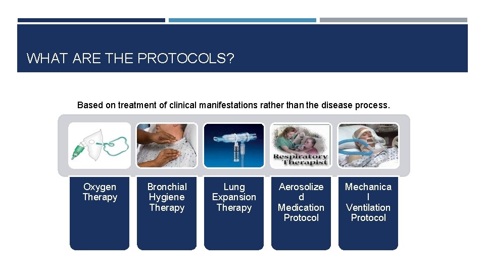 WHAT ARE THE PROTOCOLS? Based on treatment of clinical manifestations rather than the disease