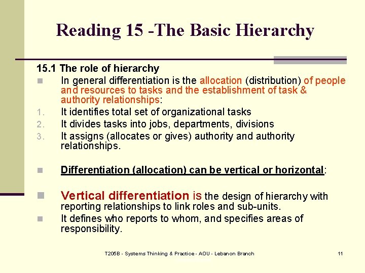 Reading 15 -The Basic Hierarchy 15. 1 The role of hierarchy n In general