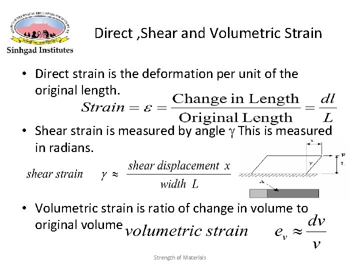 Direct , Shear and Volumetric Strain • Direct strain is the deformation per unit