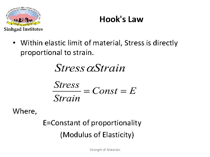Hook's Law • Within elastic limit of material, Stress is directly proportional to strain.