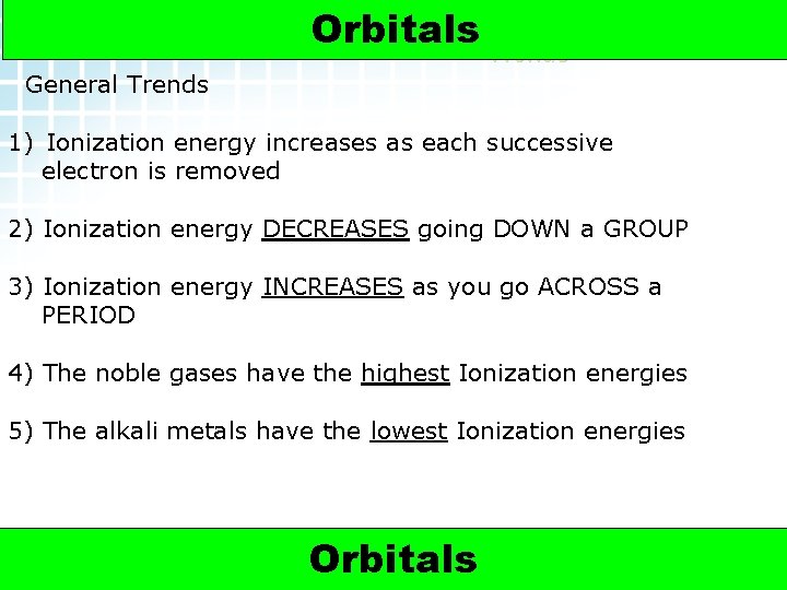 5. 2 Electron Arrangement in Atoms > Ionization Energy Orbitals Trends General Trends 1)