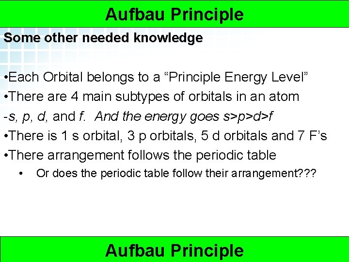 Arrangement of the 5. 2 Electron Arrangement in Atoms > Aufbau Principle Orbitals Some