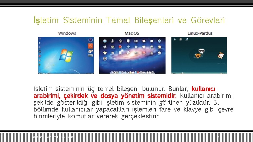 İşletim Sisteminin Temel Bileşenleri ve Görevleri İşletim sisteminin üç temel bileşeni bulunur. Bunlar; kullanıcı