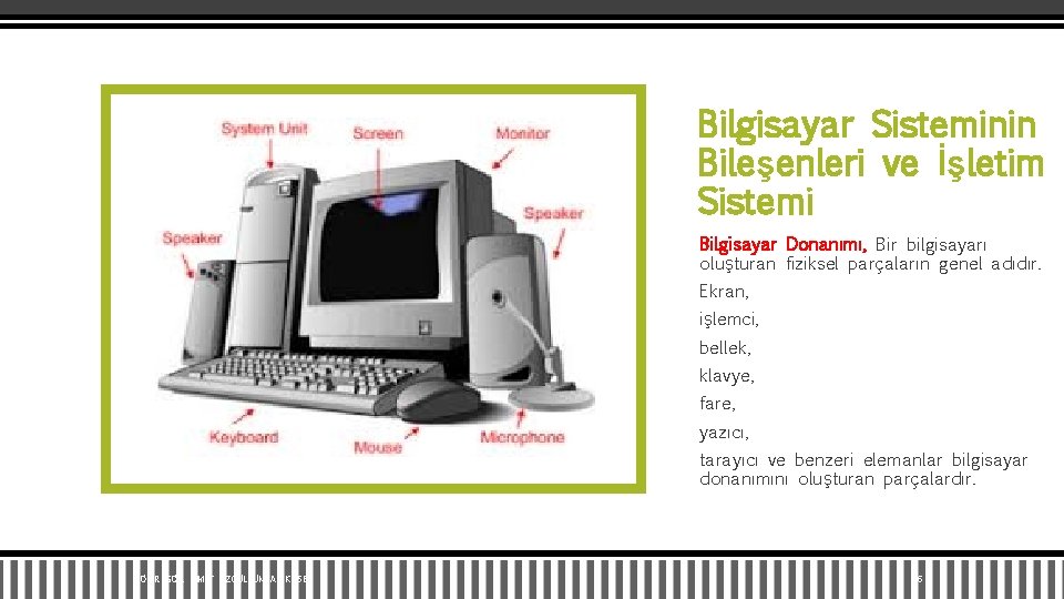 Bilgisayar Sisteminin Bileşenleri ve İşletim Sistemi Bilgisayar Donanımı, Bir bilgisayarı oluşturan fiziksel parçaların genel