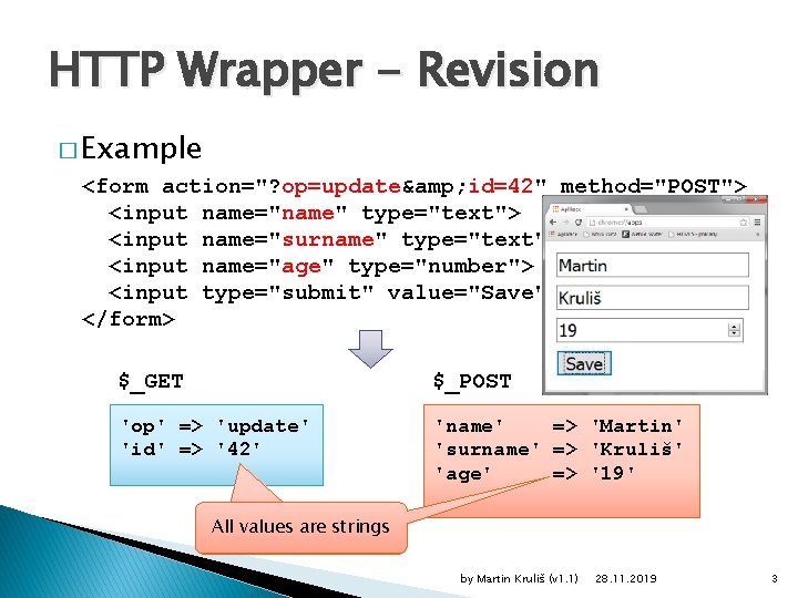 HTTP Wrapper - Revision � Example <form action="? op=update& id=42" method="POST"> <input name="name" type="text">