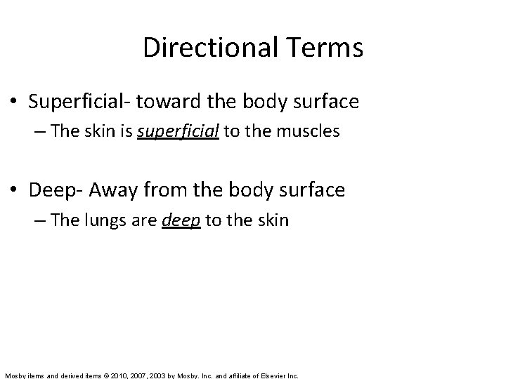Directional Terms • Superficial- toward the body surface – The skin is superficial to