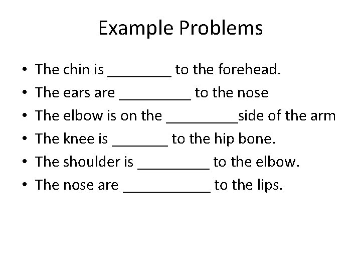 Example Problems • • • The chin is ____ to the forehead. The ears
