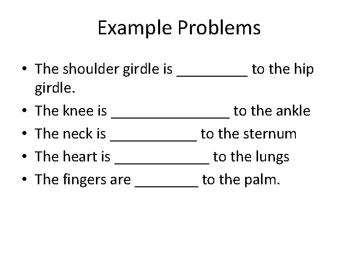 Example Problems • The shoulder girdle is _____ to the hip girdle. • The