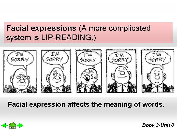 Facial expressions (A more complicated system is LIP-READING. ) Facial expression affects the meaning