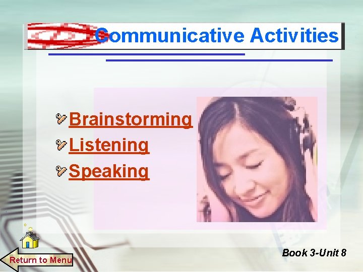 Communicative Activities Brainstorming Listening Speaking Return to Menu Book 3 -Unit 8 