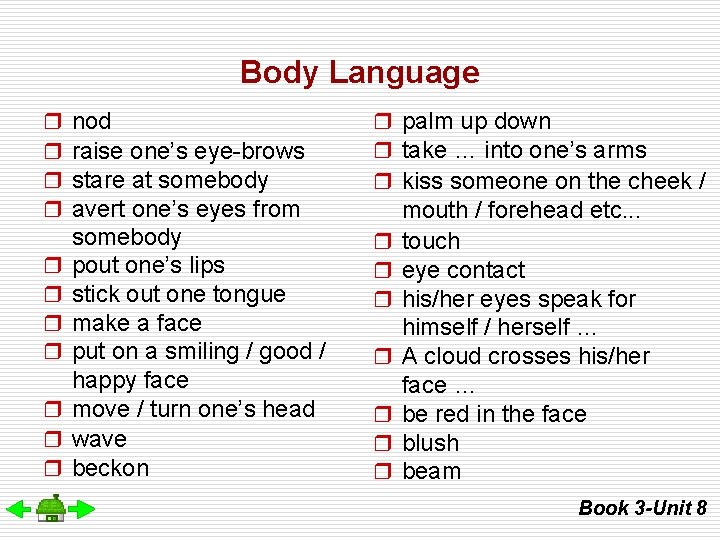 Body Language r r r nod raise one’s eye-brows stare at somebody avert one’s