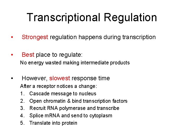 Transcriptional Regulation • Strongest regulation happens during transcription • Best place to regulate: No