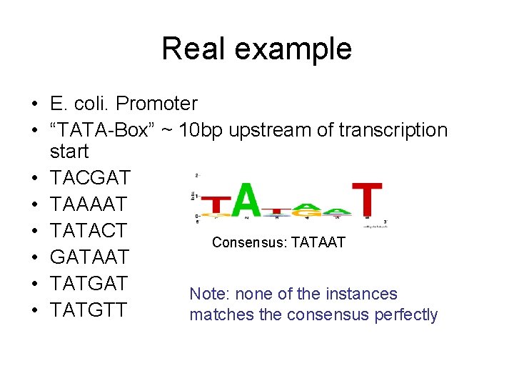 Real example • E. coli. Promoter • “TATA-Box” ~ 10 bp upstream of transcription