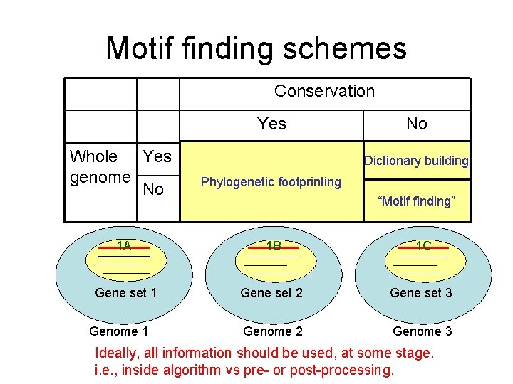 Motif finding schemes Conservation Yes No Whole Yes Genome 1 & 2 & 3
