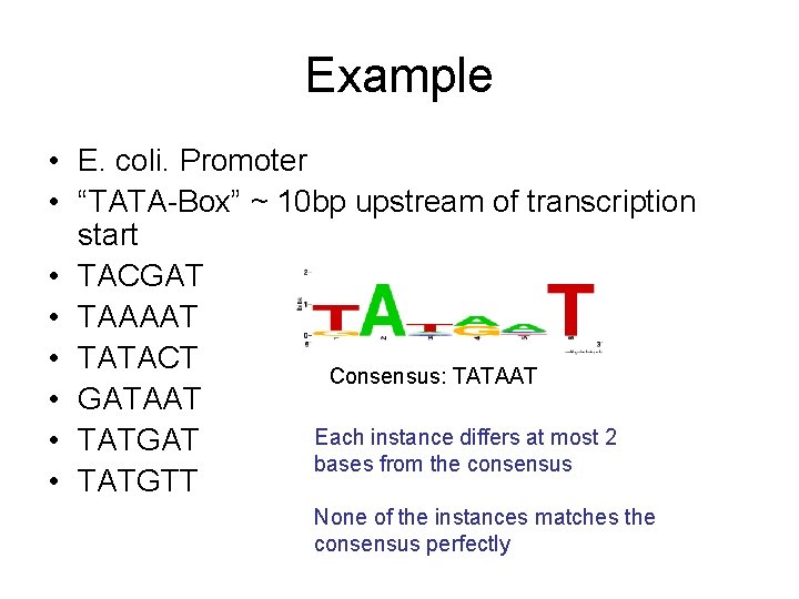 Example • E. coli. Promoter • “TATA-Box” ~ 10 bp upstream of transcription start