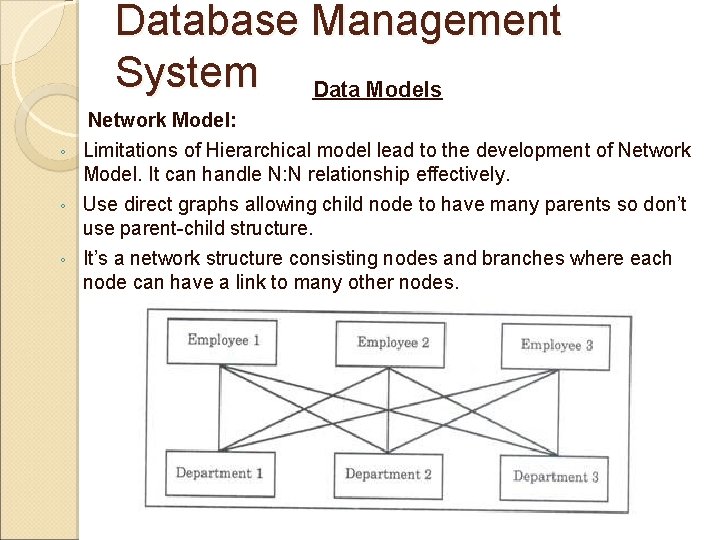 Database Management System Data Models Network Model: ◦ Limitations of Hierarchical model lead to