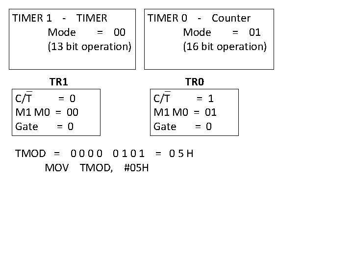 TIMER 1 - TIMER Mode = 00 (13 bit operation) TR 1 C/T =