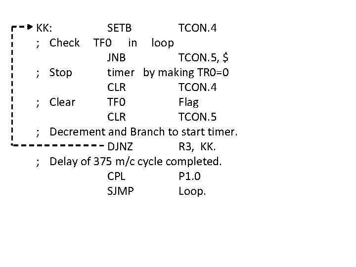 KK: ; Check ; ; SETB TCON. 4 TF 0 in loop JNB TCON.