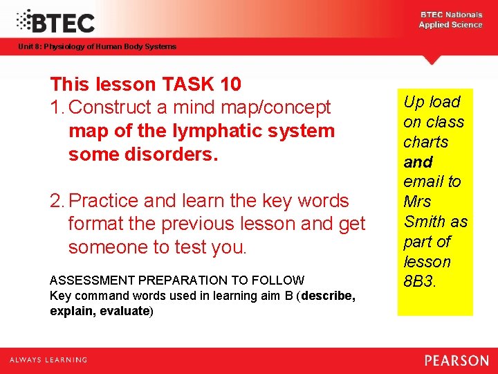 Unit 8: Physiology of Human Body Systems This lesson TASK 10 1. Construct a