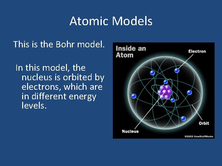 Atomic Models This is the Bohr model. In this model, the nucleus is orbited Atomic Models This is the Bohr model. In this model, the nucleus is orbited