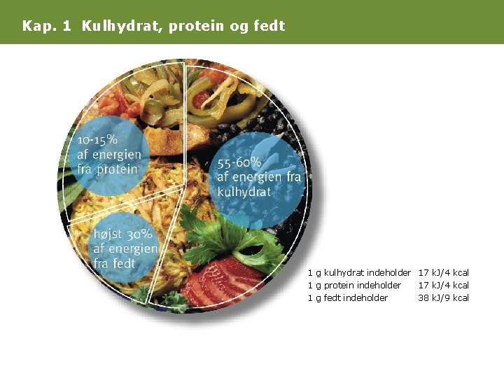 Kap. 1 Kulhydrat, protein og fedt 1 g kulhydrat indeholder 17 k. J/4 kcal