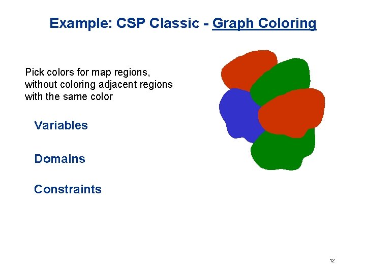 Example: CSP Classic - Graph Coloring Pick colors for map regions, without coloring adjacent