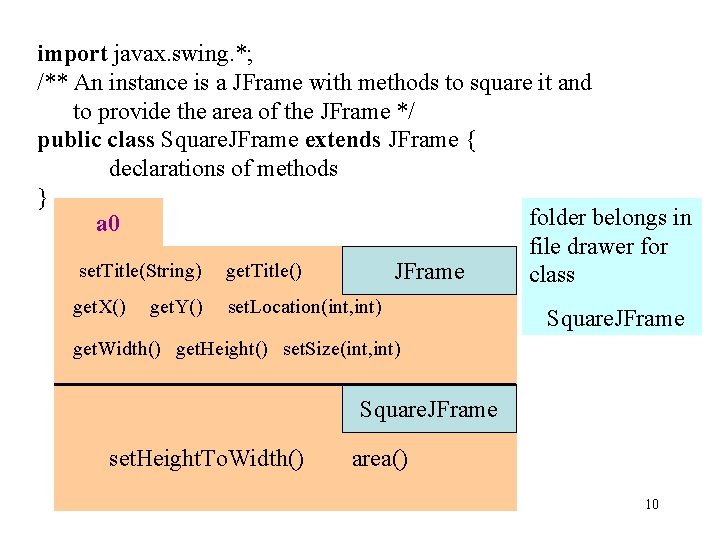 import javax. swing. *; /** An instance is a JFrame with methods to square