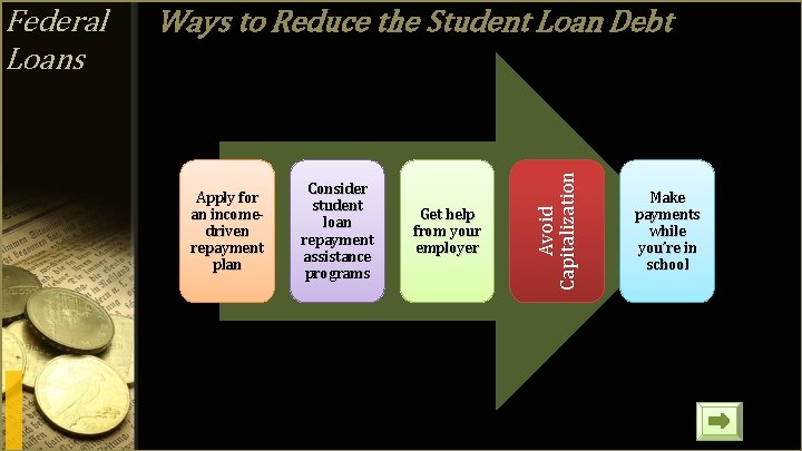 Ways to Reduce the Student Loan Debt Apply for an incomedriven repayment plan Consider