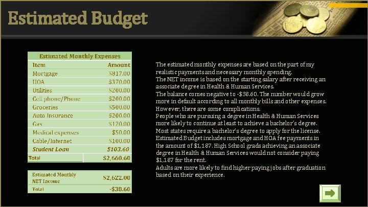 Estimated Budget The estimated monthly expenses are based on the part of my realistic