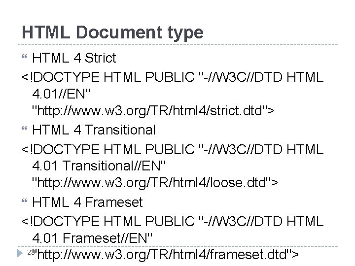 HTML Document type HTML 4 Strict <!DOCTYPE HTML PUBLIC "-//W 3 C//DTD HTML 4.